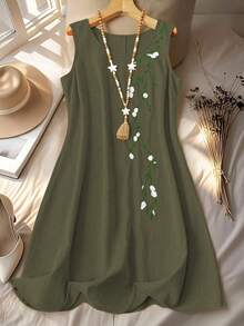 大码女式休闲度假刺绣无袖连衣裙 - 軍綠色 - 查看 1