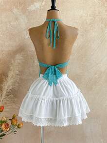 Soleia Blue Top Women's Summer Set Vacation Outfits Women Carnival Women's Floral Lace Starfish Trim Sexy Halter Backless Blouse - Mint Blue - View 2