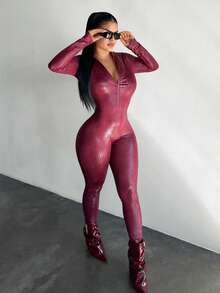 SHEIN SXY 女士拉链前开衩酒红色蛇纹长袖连体衣 - 酒紅色 - 查看 1