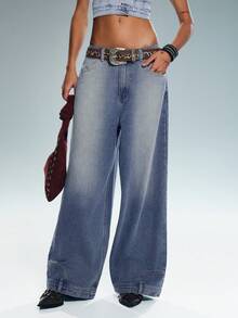 TRNVIE Calça jeans feminina de cintura baixa, corte reto, folgada, casual e versátil. - Azul - Ver 6