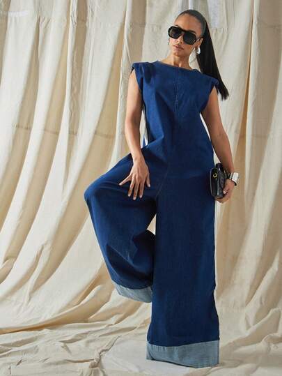 Vixey Fold Over Cuffed Hem Contrast Stripe Padded Shoulder Sleeveless Wide Leg Denim Jumpsuit