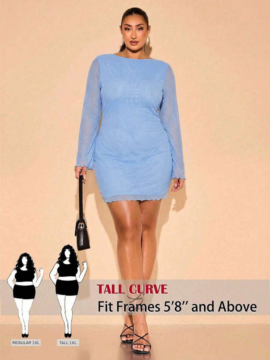 SHEIN Tall CURVE Váy ngắn màu đen dạo phố mùa thu cỡ lớn dành cho nữ, thích hợp mặc hàng ngày, đi làm, đi chơi, hẹn hò, tiệc trà chiều, váy kiểu Pháp, váy dạ hội, váy sinh nhật, váy phù dâu, váy hàng ngày đơn giản và thanh lịch, váy cưới, váy phù dâu, váy dự tiệc mini, váy lưới mini - Màu xanh nhạt - Xem 1