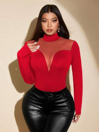 NU&NOW 大码女式纯色网眼长袖高领修身T恤，适合春季穿着