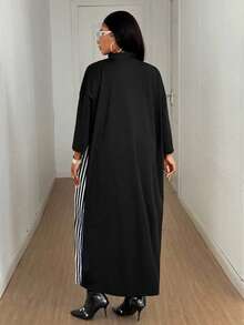 Maweii Plus Size Women Sexy Striped Loose Long Cardigan Jacket, Short/3/4 Sleeve, Versatile For Commute & Daily Wear, Spring/Summer - Black - View 2