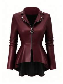 SHEIN Clasi Áo khoác da giả cỡ lớn có khóa kéo phía trước, viền bất đối xứng dành cho nữ - Màu Đỏ Sâu - Xem 1