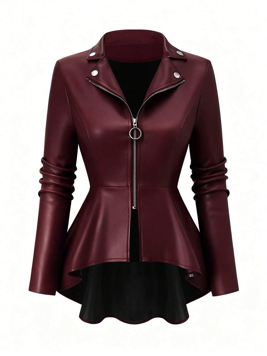 SHEIN Clasi Áo khoác da giả cỡ lớn có khóa kéo phía trước, viền bất đối xứng dành cho nữ - Màu Đỏ Sâu - Xem 1