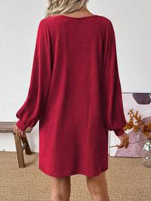 SHEIN 女士纯色V领长袖休闲宽松短裙 - 酒紅色 - 查看 2