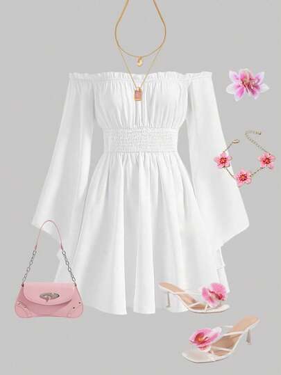 SHEIN MOD Plus Size Off Shoulder Frill Trim Flounce Sleeve Bell Sleeves White Dress Off Shoulder White Dress Shirred Dress White Dress With Sleeves Flowy Short Dress White Ruffle Dress,Summer Dress,Casual Dress For Women ,White Dress White Off Shoulder Dress White Dress Summer White Brunch Outfit Boho White Dress Tea Party Outfit Plus