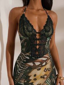 Opulessa Đầm ôm xẻ tà hở lưng in họa tiết lưới đan cho kỳ nghỉ dành cho nữ - màu xanh lá - Xem 6