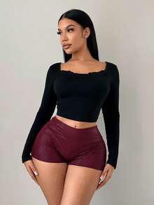 SHEIN SXY Women's High Waist Faux Crocodile Textured Skinny Short Leggings - Burgundy - View 1