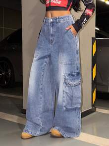 SHEIN HypeZone Women's Low Waist Fashionable Loose Cargo Style Versatile Denim Jeans - Blue - View 1