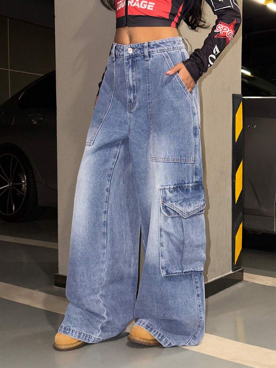 SHEIN HypeZone Women's Low Waist Fashionable Loose Cargo Style Versatile Denim Jeans - Blue - View 1