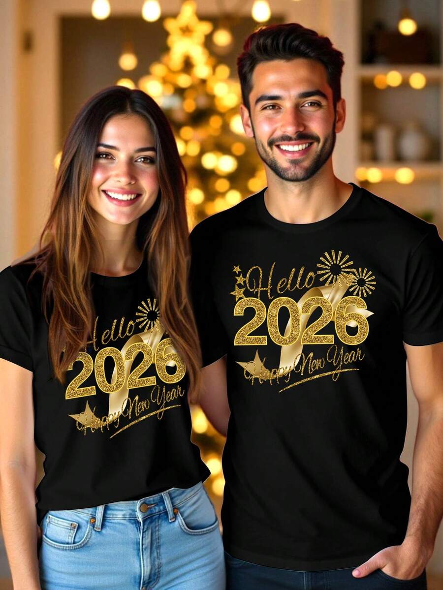 Manfinity Homme Unisex "HELLO 2026" Happy New Year T-Shirt, Holiday Golden Ribbon 2026 New Year Limited Edition Couple Crew Neck T-Shirt - Black - View 1