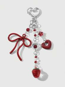 ROMWE Kawaii 1 Stück koreanischer Stil elegante und schicke Silberkette Schleifenanhänger aus Acryl und Harz mit Erdbeere/Kirsche, modisches Accessoire Geschenk für Frauen und Mädchen, Alltagsgebrauch - Rot-75 - Übersicht 2