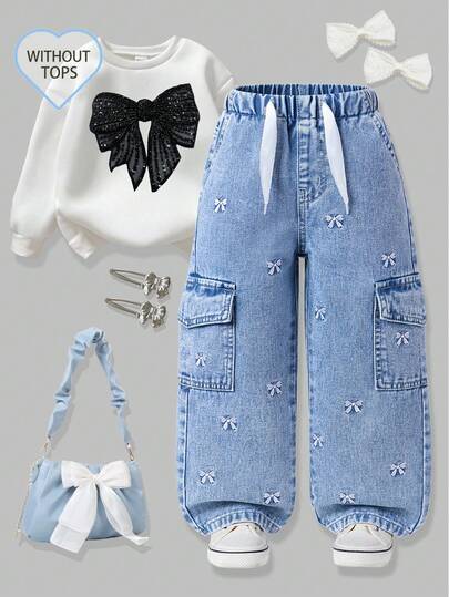 Jeans de pierna recta para niñas, tela de mezclilla lavada suave en azul claro, cintura elástica ajustable con cordón, bordado de moño plateado lindo, de múltiples bolsillos de moda, adecuado para uso diario, vacaciones, hogar, fiesta, un básico versátil para el armario durante todo el año