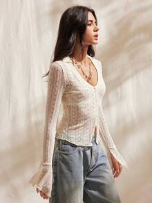 Easelle 复古波西米亚风V领收腰喇叭袖女式上衣 - 杏色 - 查看 8