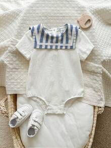 SHEIN Newborn Baby Boy Casual Cute Color Block Sailor Collar Short Sleeve Bodysuit - Multicolor - View 2