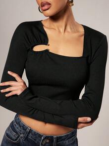 Hauture Women's Ribbed Hollow-Out Design Fashionable Versatile Long Sleeve Casual Top - Black - View 2