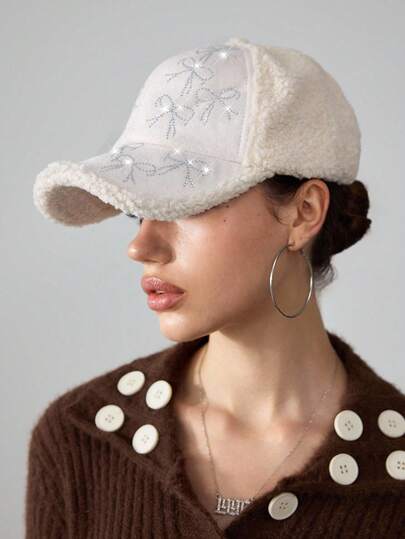 Kawaii 1pc Cute Bow Rhinestone Decor Baseball Cap, Y2K Fluffy White Snapback Hat, Adjustable Casual Fashion Accessory