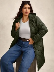 Zelara 大码女式远红外线棉质连帽拉链绗缝外套，黑色，秋冬季 - 軍綠色 - 查看 3