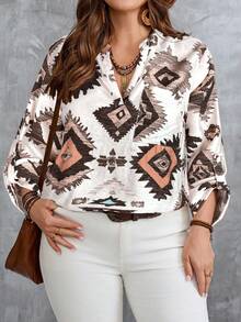 EMERY ROSE Plus Size All-Over Print Notch Collar Casual Rolled Sleeve Shirt - Multicolor - View 3