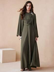 Arave Women's Green Chiffon Linen-Textured Fabric, Round Neck, Fitted Waist, Cape Sleeves, Full Skirt With Pleats, Long Tie-Waist, Diamond Brooch, And Metal Embellishments. Modern Party Long Dress. Elegant Dresses For Women, Party Clothes, Winter Clothes For Women, Halloween. New Year - Green - View 4