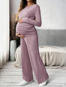 MaterniWear Round Neck Long Sleeve Knit T-Shirt And Adjustable Waist Straight Leg Pants, Women Straight Pants Autumn Set, Loose Fit Set, Suitable For Baby Shower Gift Pregnancy Clothing Two Piece Set Women Comfy Maternity Pants Maternity Jumpsuits For Woman Maternity 2 Piece Set - Pink - View 5