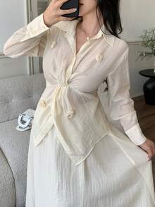 Feyla Women's New Romantic French Design Floral Blouse & A-Line Midi Skirt Set - Apricot - View 5