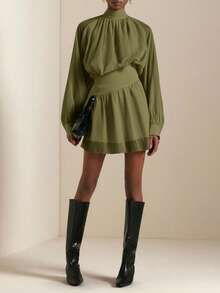 SHEIN Veneréa Autumn New Ruffled Hem Printed Long Sleeve Waist Cinched Mini Dress