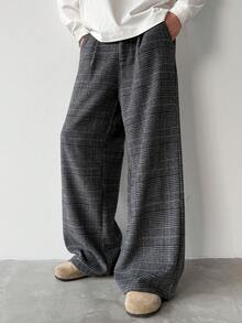 Manfinity Hypemode 男士千鸟格褶裥口袋阔腿宽松休闲裤 - 深灰色 - 查看 6