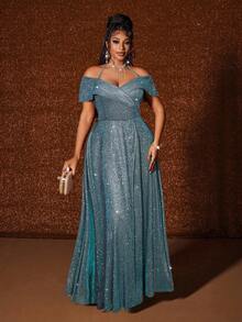 Maweii 大码无袖露肩性感开衩优雅时尚连衣裙 - 藍色 - 查看 2