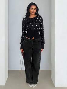 Glamine 极简黑色针织圆领长袖拼接罗纹开襟常规版型女式卫衣 - 黑色 - 查看 6