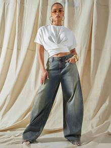 Vixey Quần jeans ống rộng cạp trễ có túi dành cho nữ, dáng rộng, dễ phối đồ - Rửa tối - Xem 3