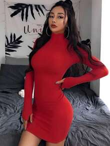 Coco´s apparel vestido corto manga larga para mujer cuello liso - Rojo - Ver 3