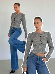 Siren Gaze Women's Plaid Round Neck Long Sleeve Ruched Single-Breasted Ruched Hem Fashion Blouse Spring - Black and White - View 6