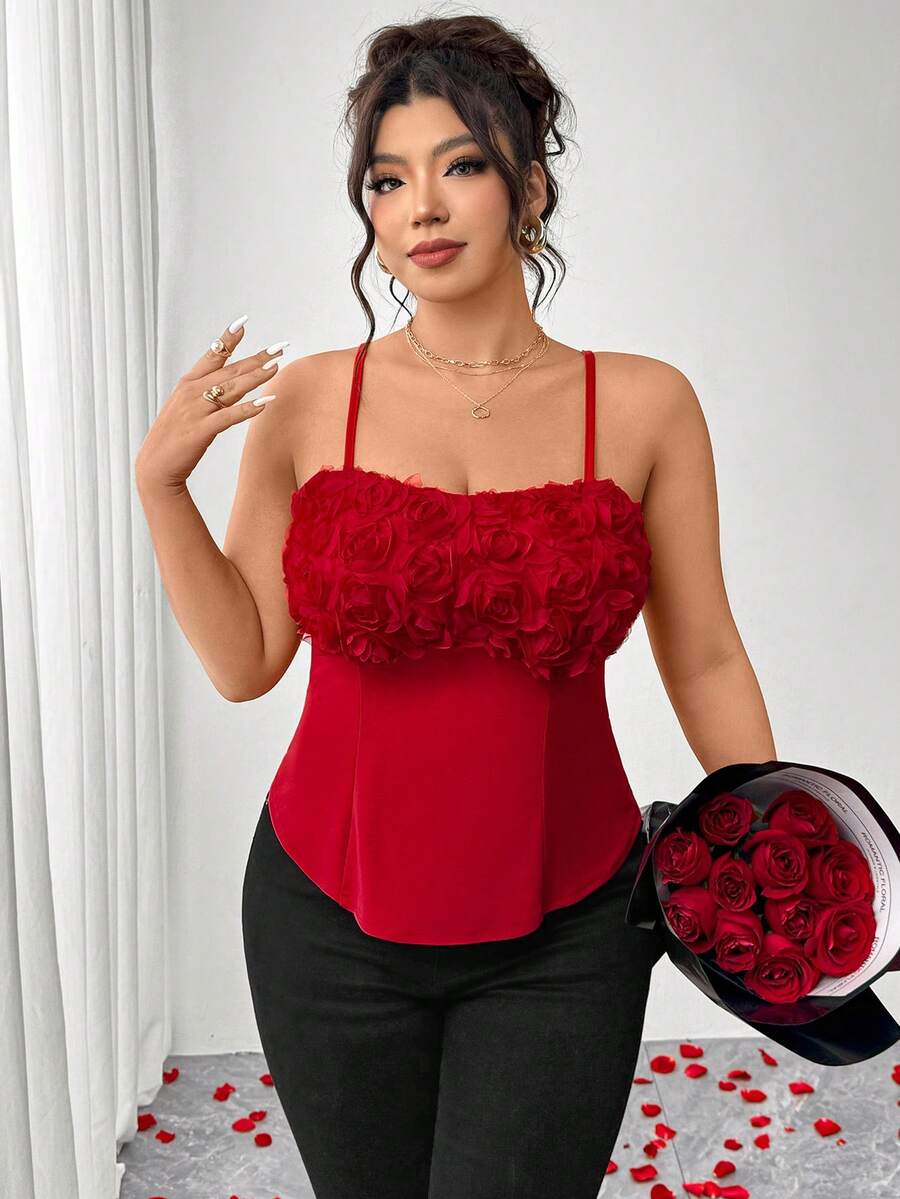Elenzga Áo hai dây họa tiết hoa hồng 3D màu đỏ trơn thanh lịch cỡ lớn dành cho nữ, thích hợp cho các buổi đi chơi ngày lễ tình nhân, tiệc câu lạc bộ, hẹn hò và kết hợp với áo - Đỏ - Xem 1