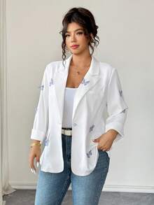 Elenzga Áo khoác blazer mỏng tay 3/4 họa tiết bướm 3D giản dị dành cho người đi làm cỡ lớn - trắng - Xem 3