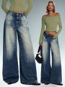 TRNVIE Women's Fashion Casual High Street Retro Low Waist Wide Leg Jeans - Medium Wash - View 1
