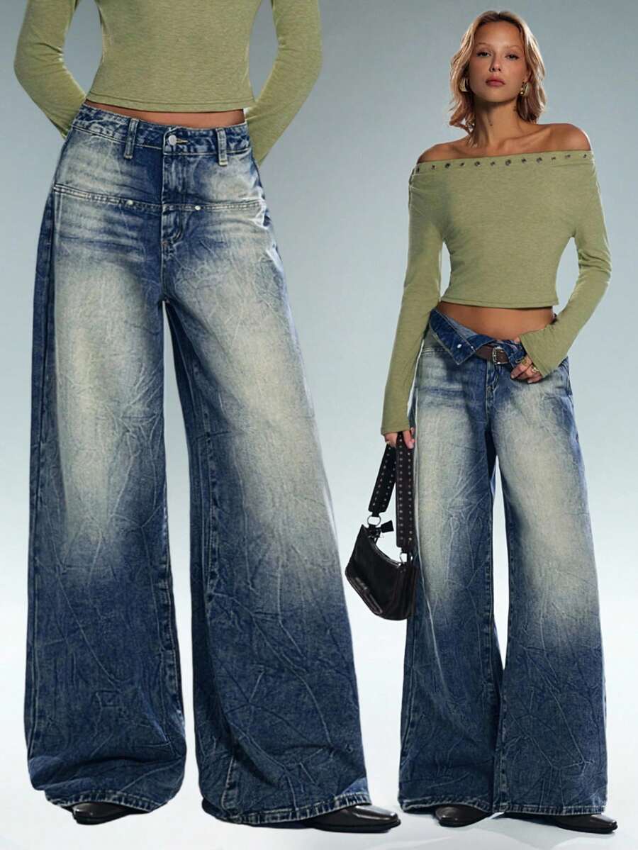 TRNVIE Women's Fashion Casual High Street Retro Low Waist Wide Leg Jeans - Medium Wash - View 1