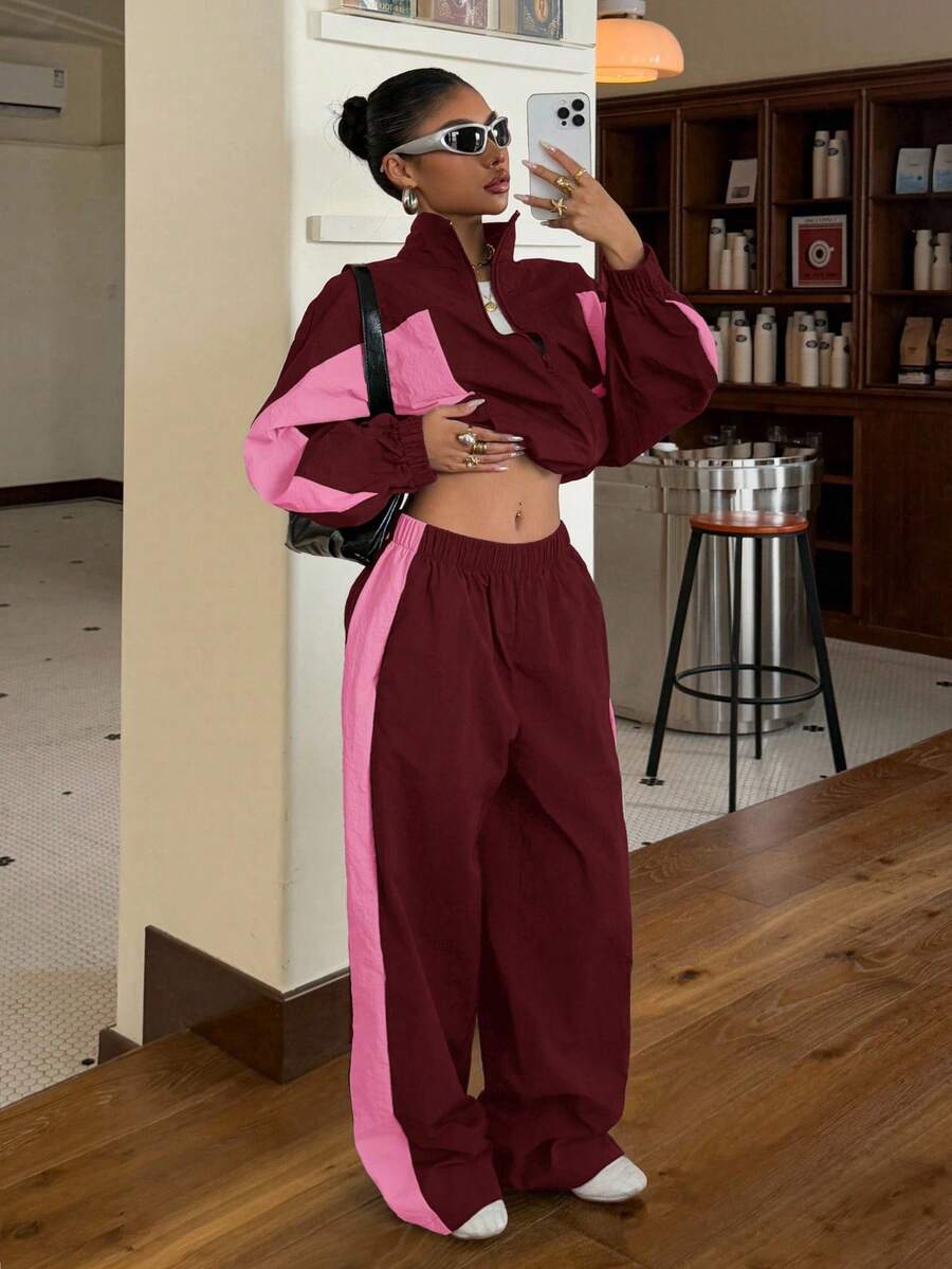 Muchica 2pcs Women Sporty Color Block Zip Front Jacket And Wide Leg Pants Loose Fit Set - Multicolor - View 1