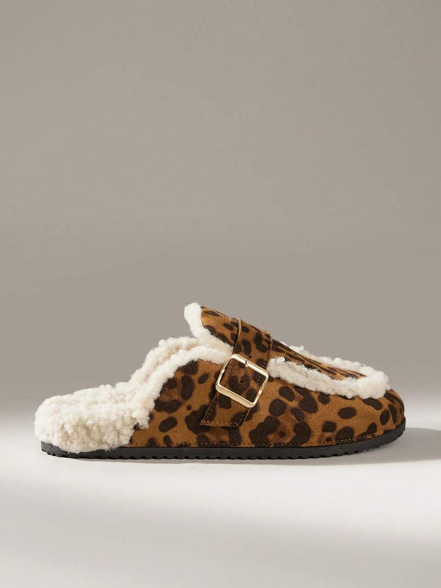Solecia Women Casual Versatile Commute Leopard Print Fleece Slip-On Flats - Multicolor - View 1