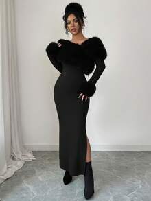 Modelyn Women's Elegant Off-Shoulder Patchwork Faux Fur Collar Long Dress, Winter