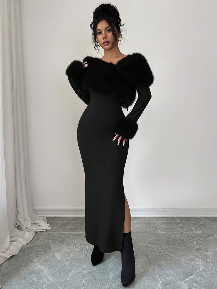 Modelyn Women's Elegant Off-Shoulder Patchwork Faux Fur Collar Long Dress, Winter - Black - View 4