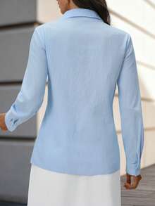 Editum 女士新款优雅刺绣衬衫领长袖蓝色衬衫，适合工作、日常穿着及多种场合。浅蓝色衬衫，婴儿蓝衬衫，女士衬衫和罩衫，蓝白女士休闲衬衫，女士纽扣衬衫，女士罩衫，优雅女士衬衫和罩衫，夏季女士衬衫，女士牛仔衬衫，女士牛仔上衣，浅蓝色女士衬衫 - 藍色 - 查看 2