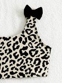 SHEIN 女童豹纹蝴蝶结装饰比基尼套装，可爱幼儿/女童两件式泳衣，适合海滩、泳池、派对 - 彩色 - 查看 5