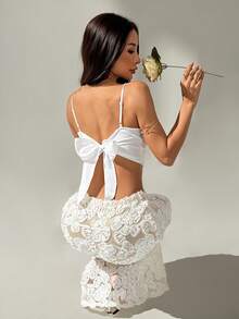 Rafferiza Bộ 2 váy xòe thắt nơ thêu họa tiết dây mảnh lãng mạn dành cho nữ, thích hợp cho tiệc tùng, sinh nhật, ngày lễ tình nhân, ngày lễ - trắng - Xem 2