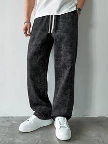 HUEFORM 男士抽绳腰休闲裤，云染印花设计，适合日常休闲穿着，秋季男士运动裤，宽松休闲裤，阔腿长裤，黑色亚麻裤，复古男士长裤，日常休闲、周末旅行、户外活动、探险旅行、轻松的工作环境或半正式场合，男友/丈夫礼物，周年纪念/生日礼物，派对、圣诞节、新年、婚礼等场合皆宜。 - 黑色 - 查看 5