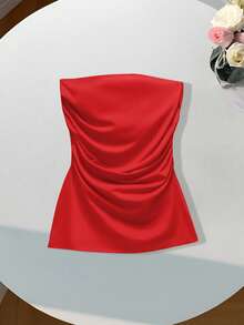 SHEIN EZwear Women Fashionable Summer Solid Color Ruched Tube Top - Red - View 7