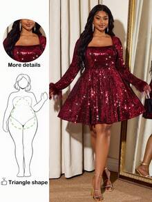 Truni 大码女式红色A字宽松连衣裙，亮片装饰派对礼服，惊艳全场，圣诞派对礼服，亮片长袖优雅连衣裙，适合梨形三角身材/2026/新年 - 酒紅色 - 查看 6