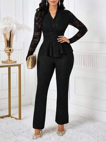 SHEIN Lady Women's Elegant 2 Pieces Set: V-Neck Contrast Lace Long Sleeve Top And Flare Pants Elegant 2 Piece Set 2 Piece Sets Woman Classy Black Jumpsuit Women Elegant Tall Two Piece Set Long Sleeve Elegant Dress - Black - View 7